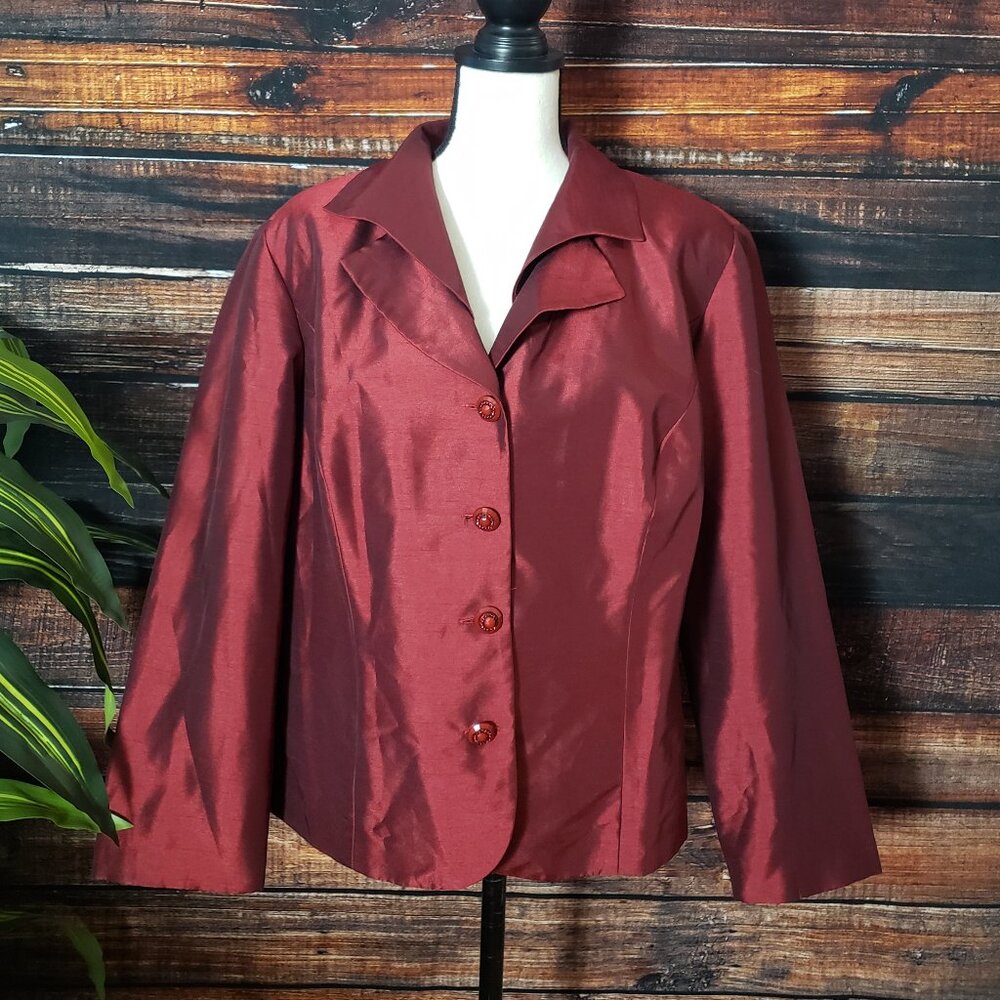 Dana Kay Blazer Jacket 18W Garnet Wine Satin Shimmer Double Lapel Lined